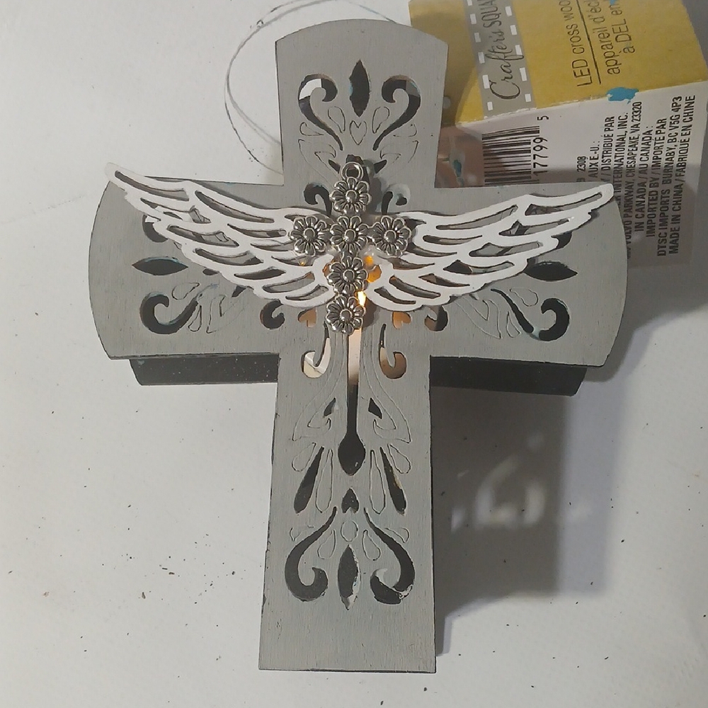 Gray Cross With Mini Silver Cross With Angel Wings Tea Light Light.